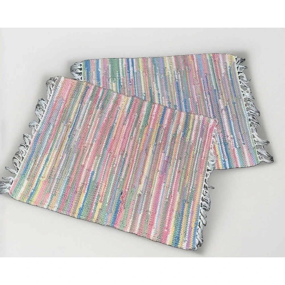 Set of 2 Boho Rag Rug Placemats 13x20 Pastel Rainbow Chindi Woven Fringe